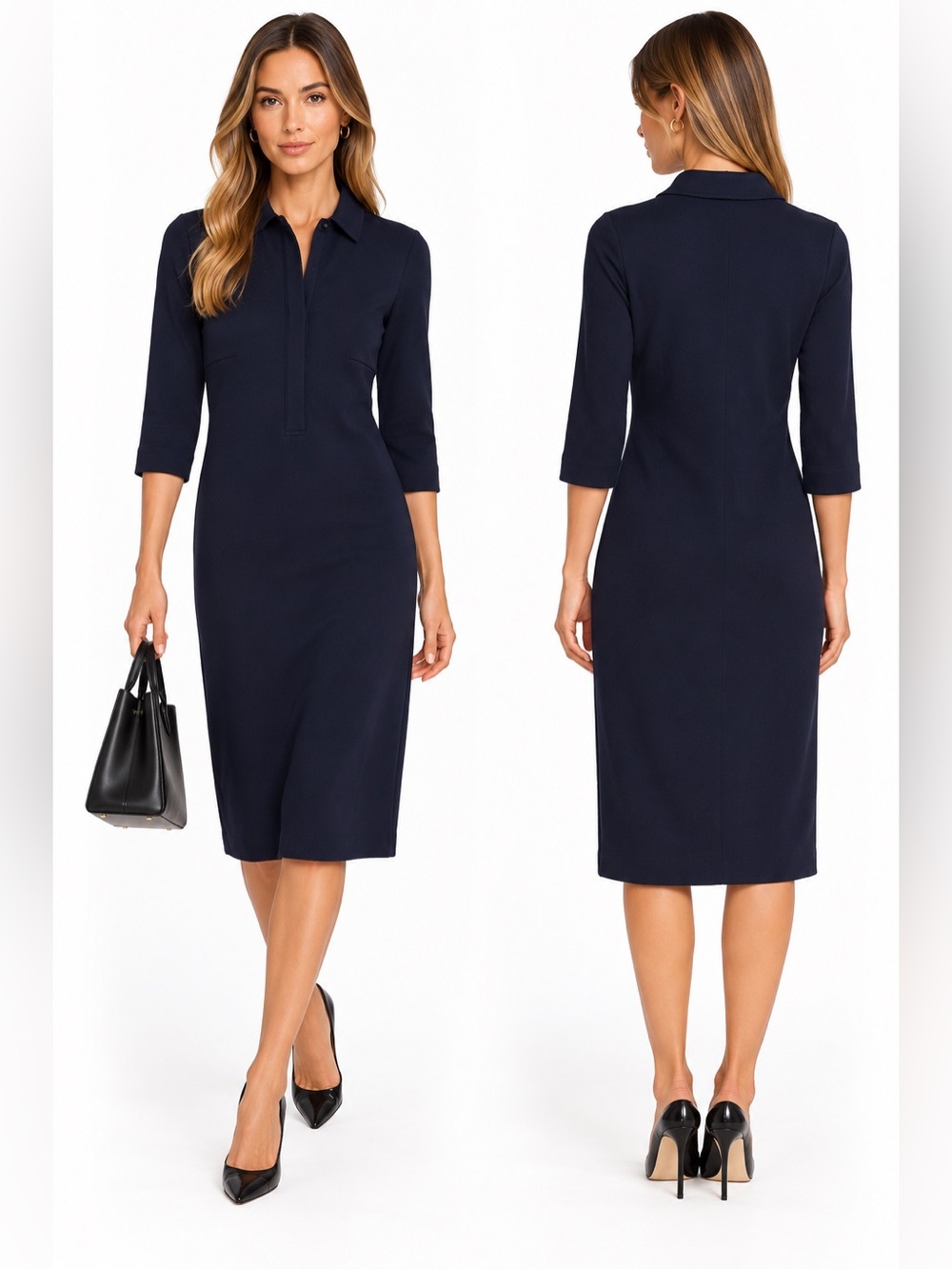 COS 100% Wool Navy Midi Shirt Dress XS Minimalist Quiet Luxury